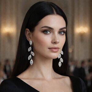 Silver CZ Leaf Drop Earrings 3" Long Vine Dangle Statement Bridal Wedding Party